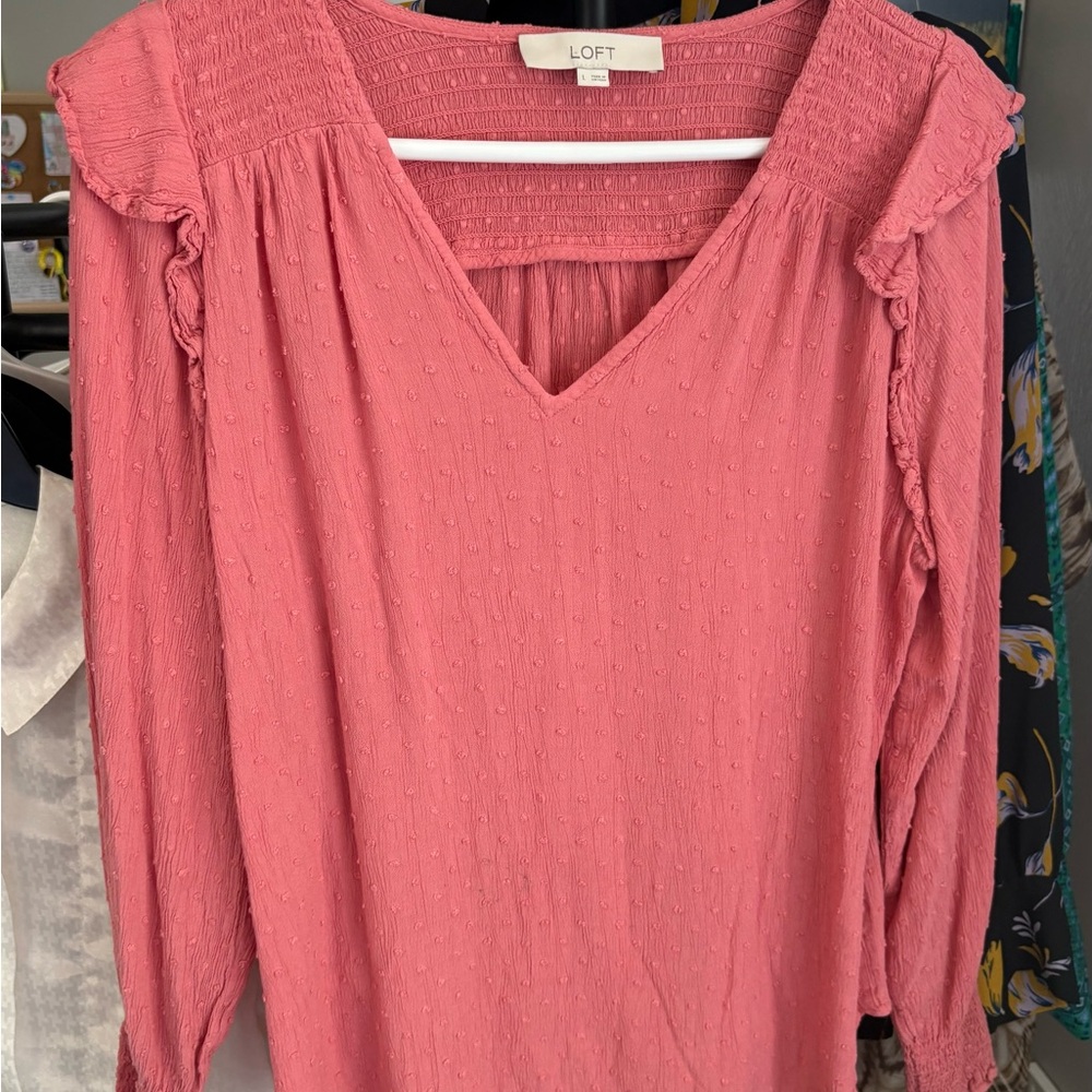 LOFT Pink Smocked Ruffled Long Sleeve Blouse